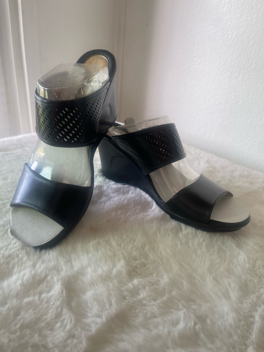Naturalizer Black Perforated Leather Wedge Sandals